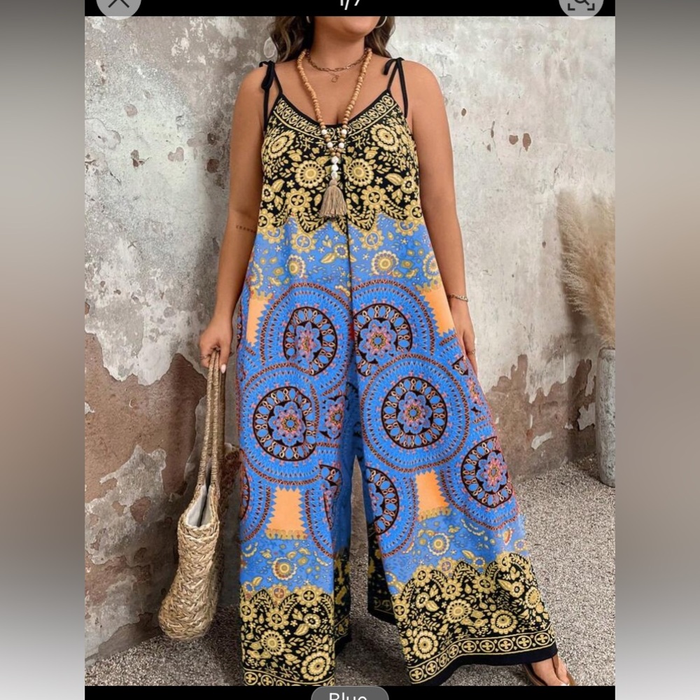 Bohemian Blue and Black Jumpsuit 2x (4xAsian) NEW